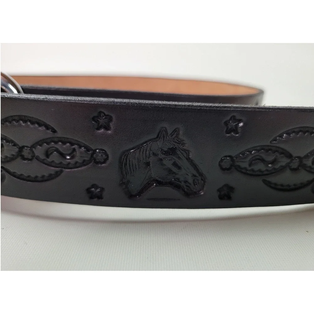 Dennis Knight Black Tooled Leather Horse Head Belt Solid Brass Buckle USA Made